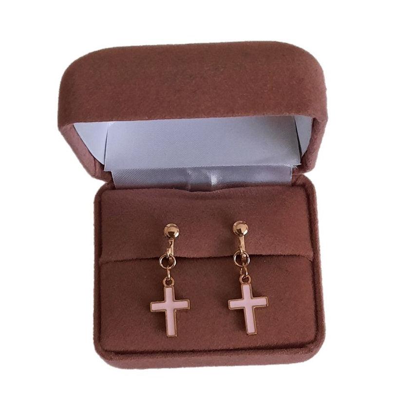 Pink Cross Clip On Earrings