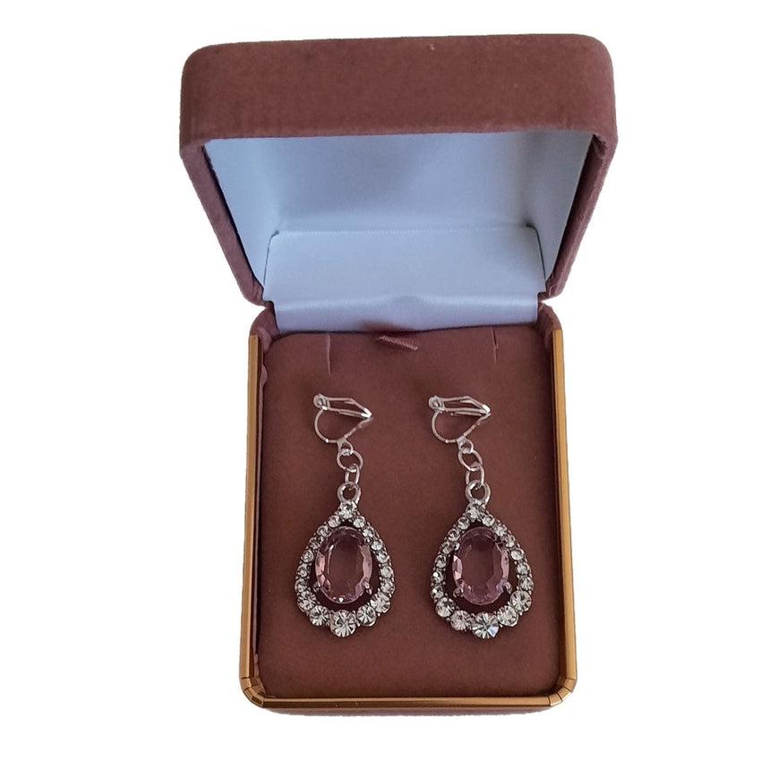 Pink Diamante Silver Tone Clip On Earrings