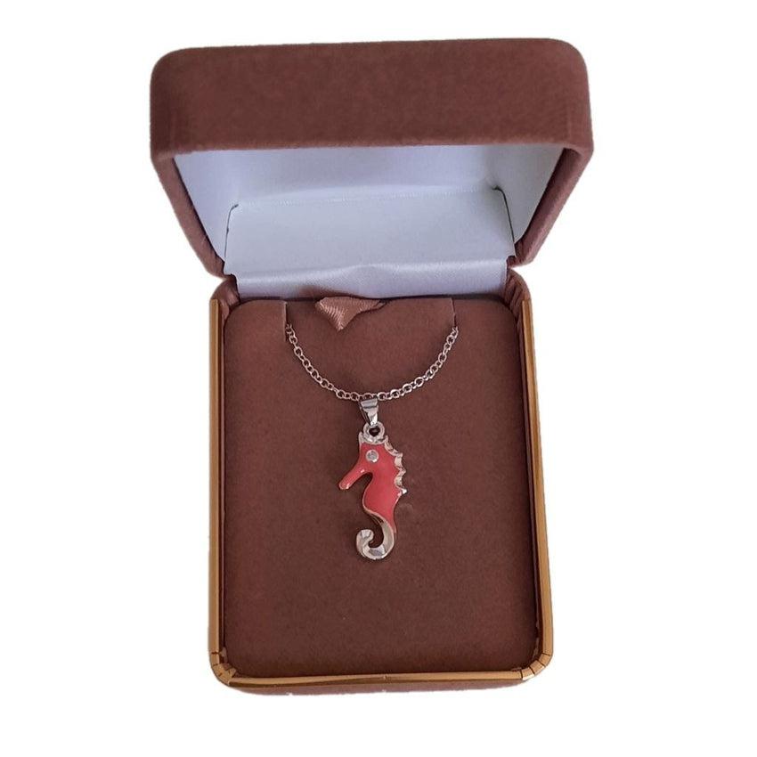 Pink Enamel Silver Seahorse Pendant