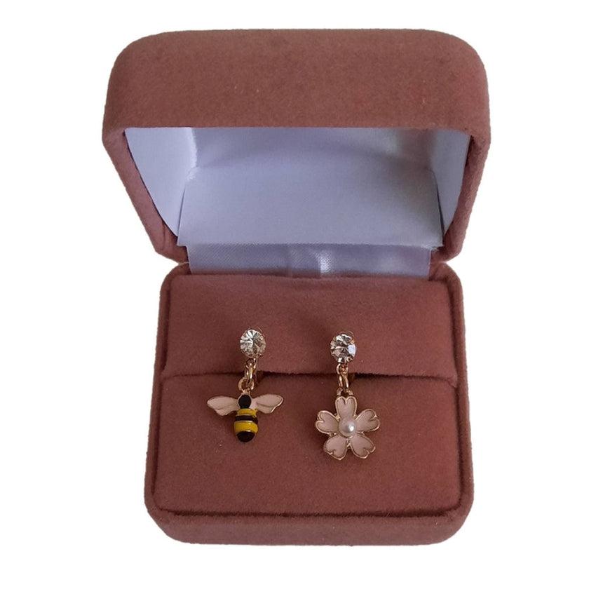 Pink Flower And Bee Clip On Earrings