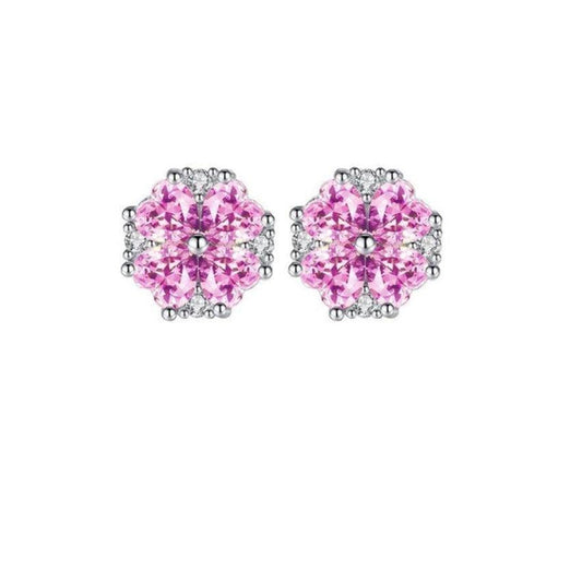 Pink Flower Sterling Silver Stud Earrings