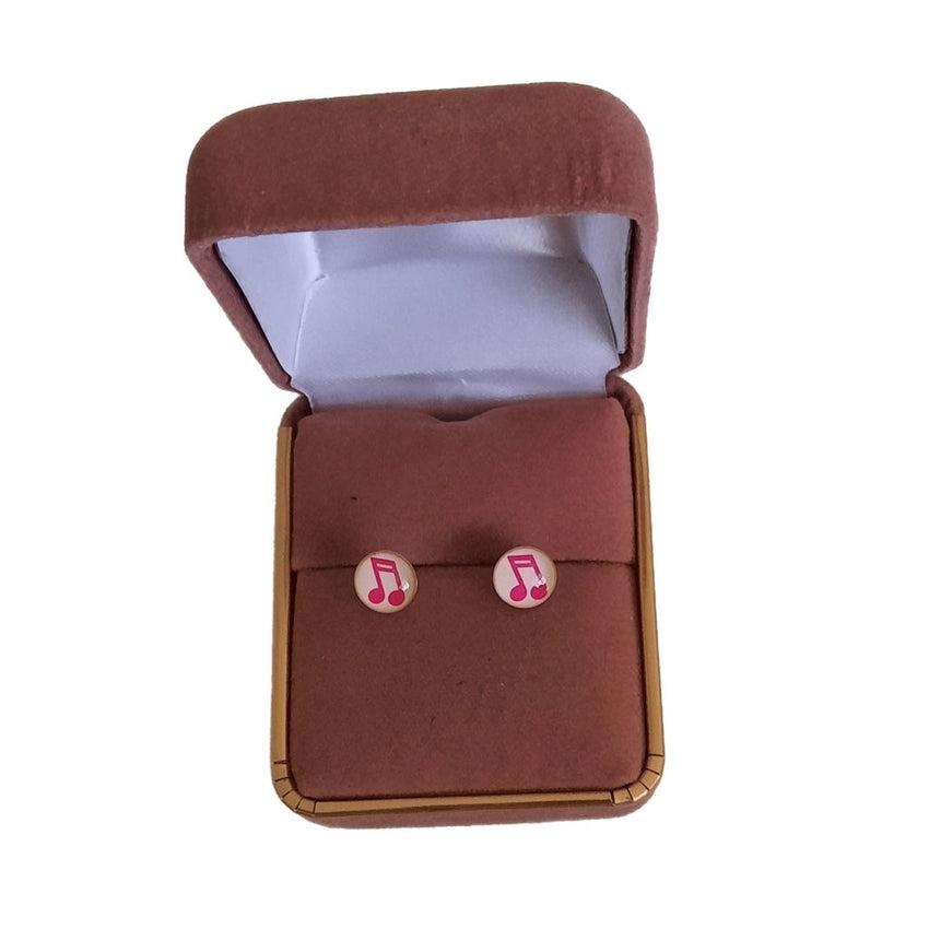 Pink Music Note Round Sterling Silver Earrings