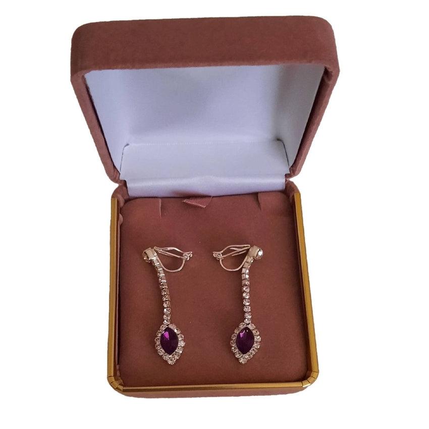 Purple Crystal Drop With White Stem Clip On Earrings