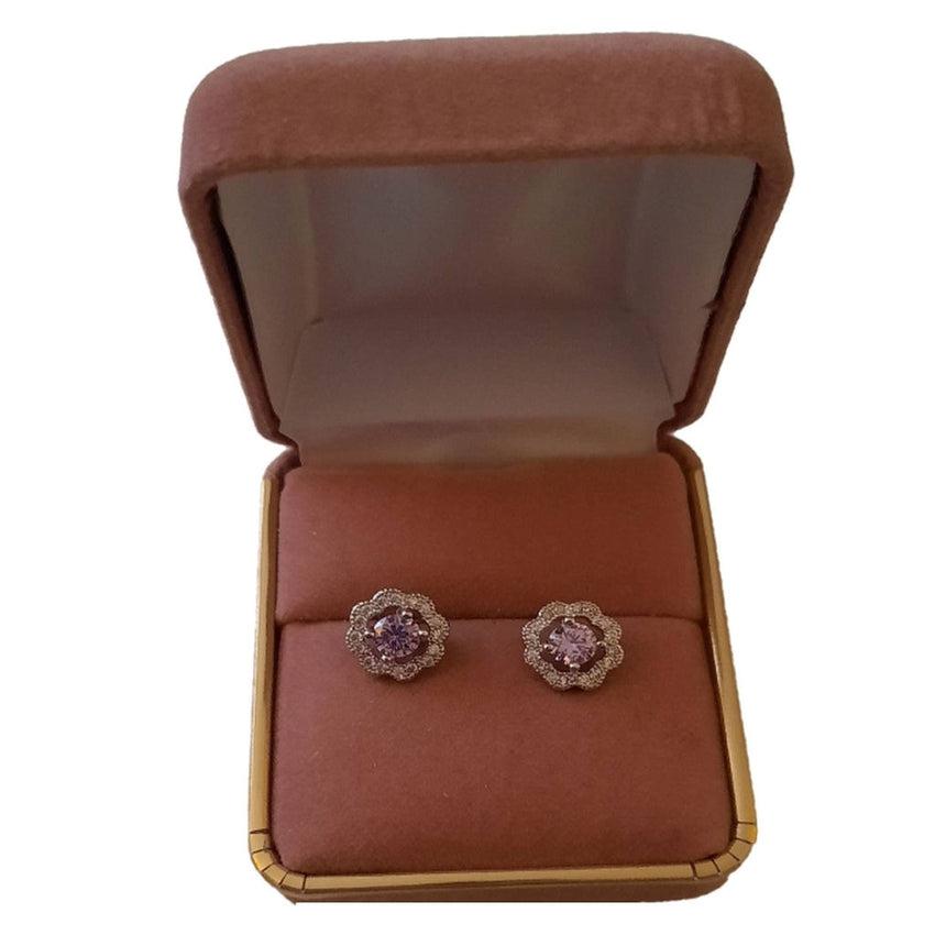 Purple Cubic Zirconia Centre Flower Design Earrings