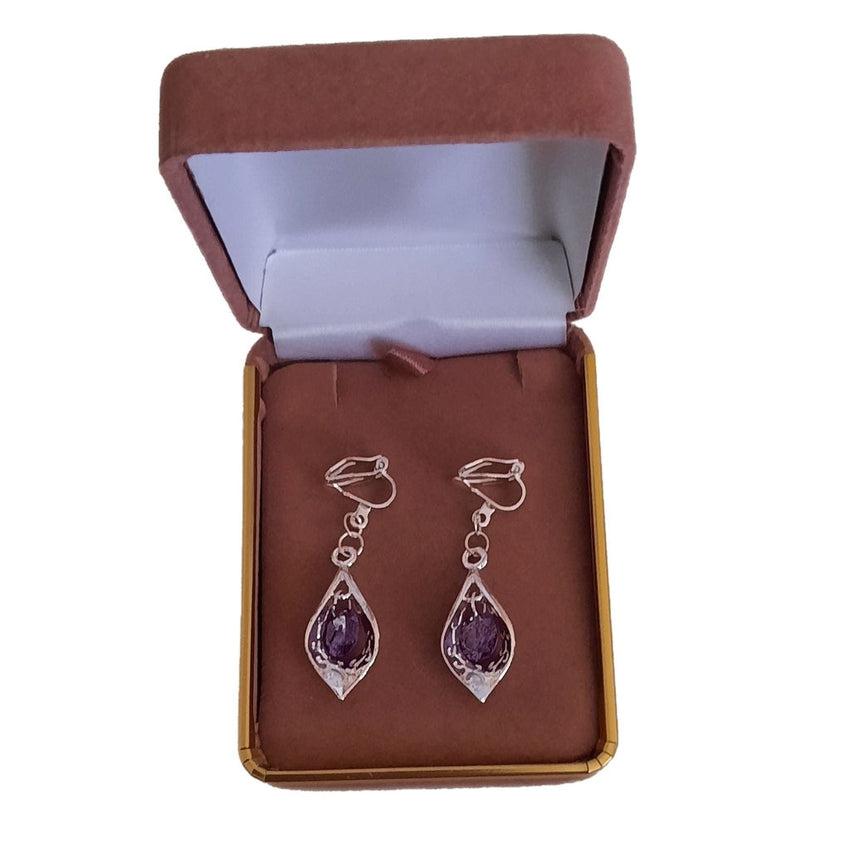 Purple Drop Silver Clip On Earrings
