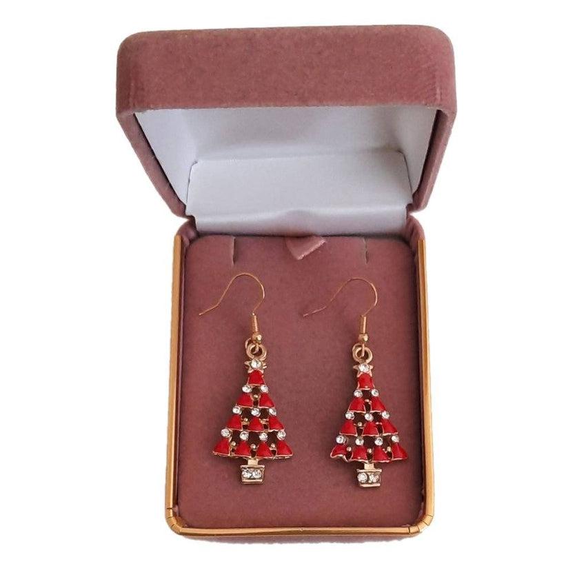 Red And Crystal Christmas Tree Earrings