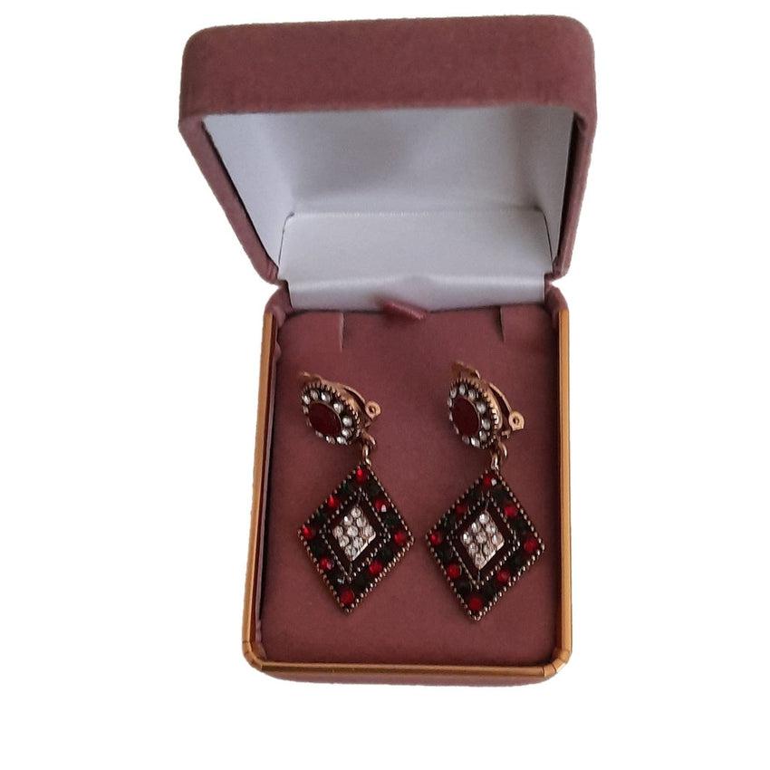 Red Boho Diamante Clip On Earrings