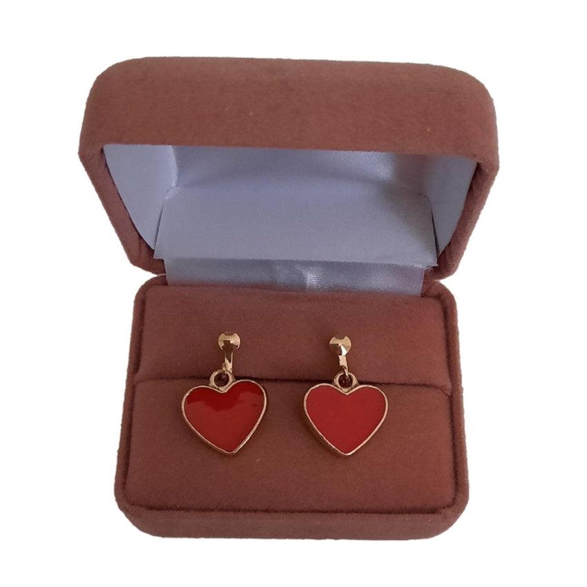 Red Heart Clip On Drop Earrings