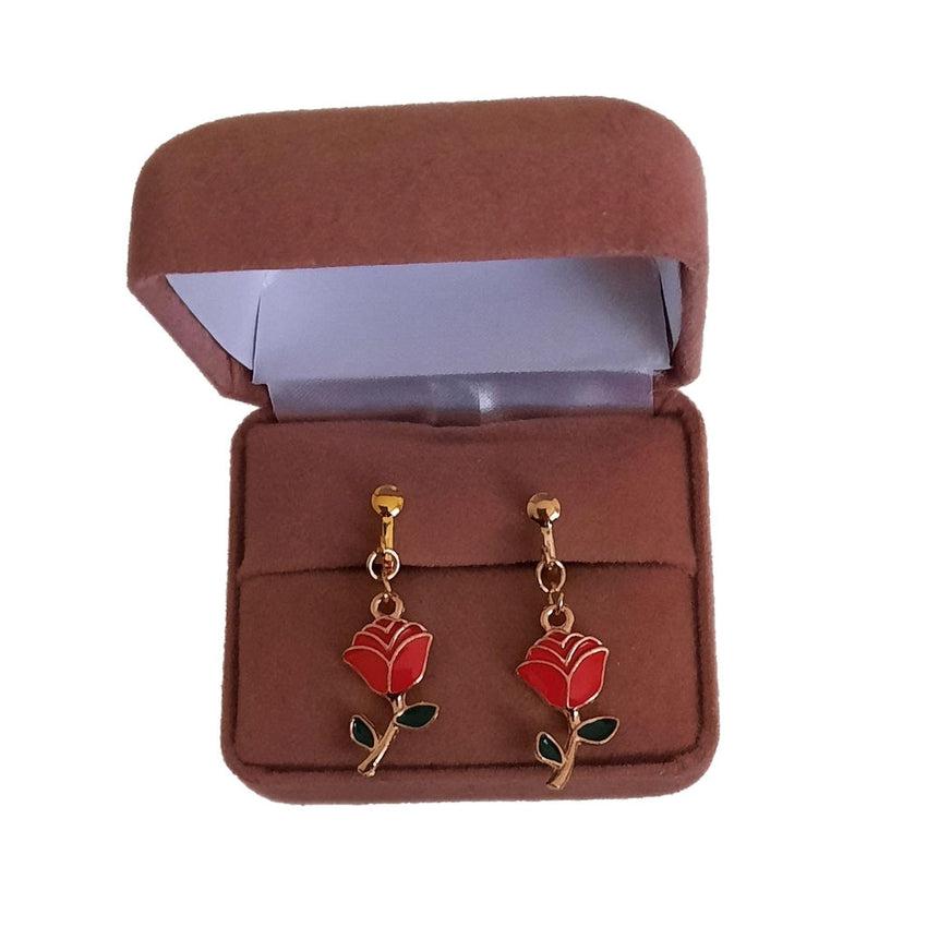 Red Rose Clip On Earrings