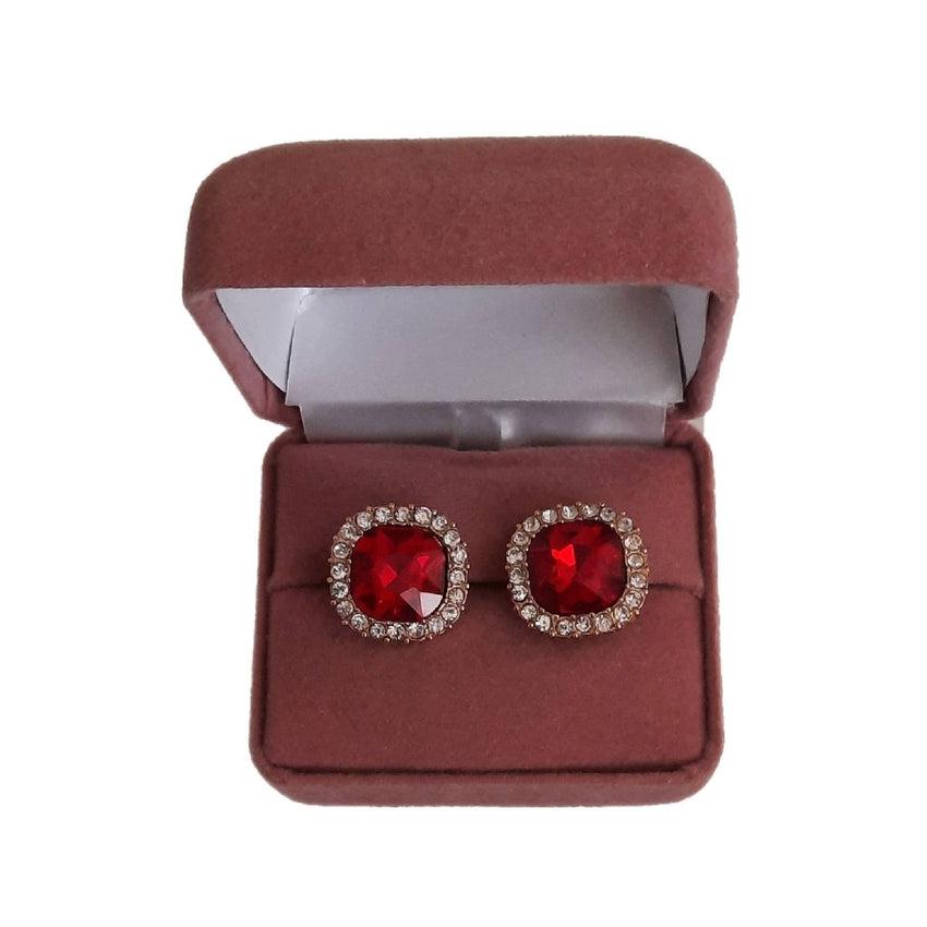 Red Square Clip On Earrings With Crystal Edges