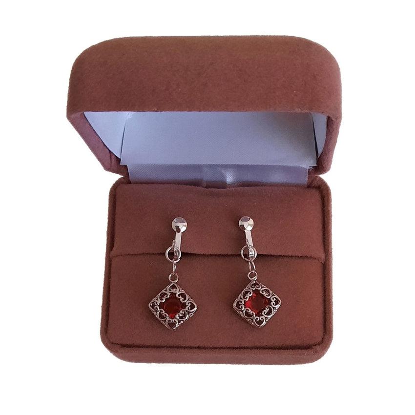 Red Stone Filigree Clip On Earrings