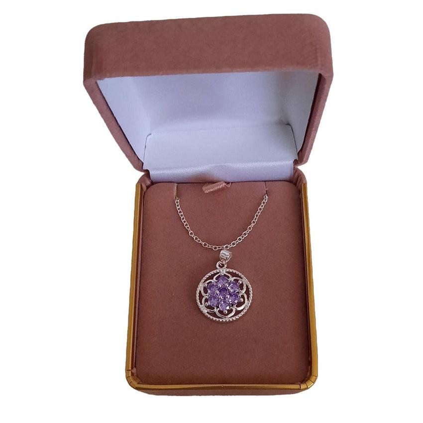 Round Frame Purple Flower Centre Cubic Zirconia Pendant