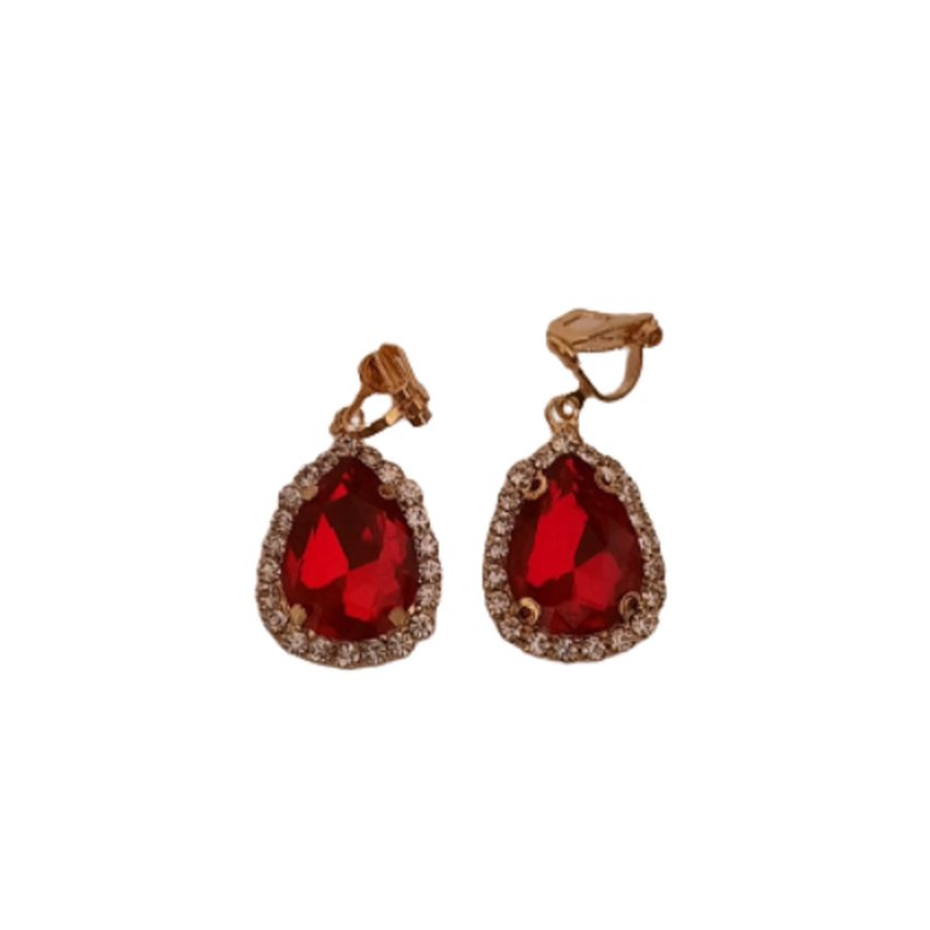 Ruby Red Drop Diamante Clip On Earrings