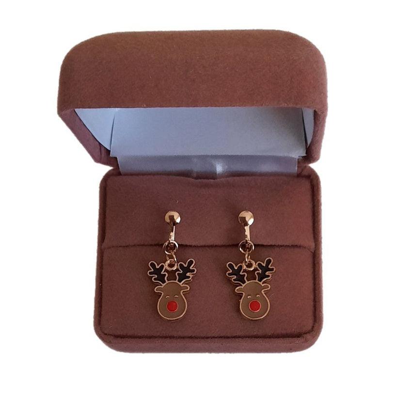 Rudolph Reindeer Christmas Clip On Earrings