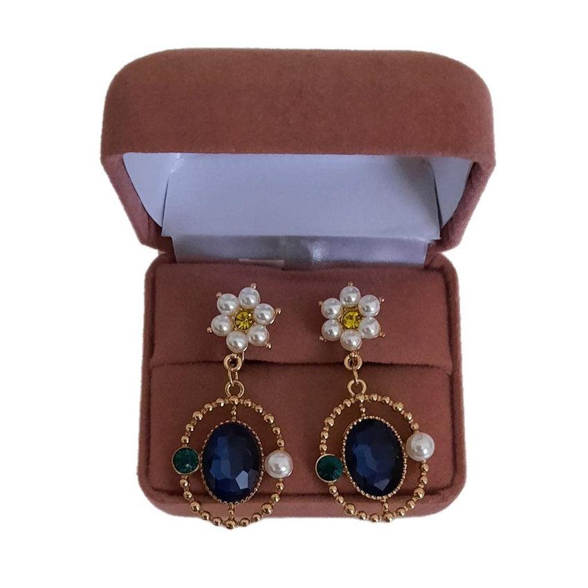 Sapphire Blue Pearl Flower Clip On Earrings