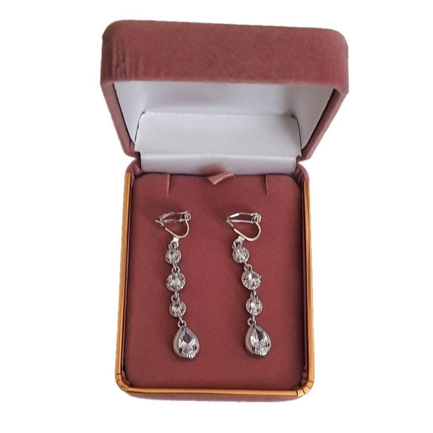 Silver Drop Diamante Clip On Earrings
