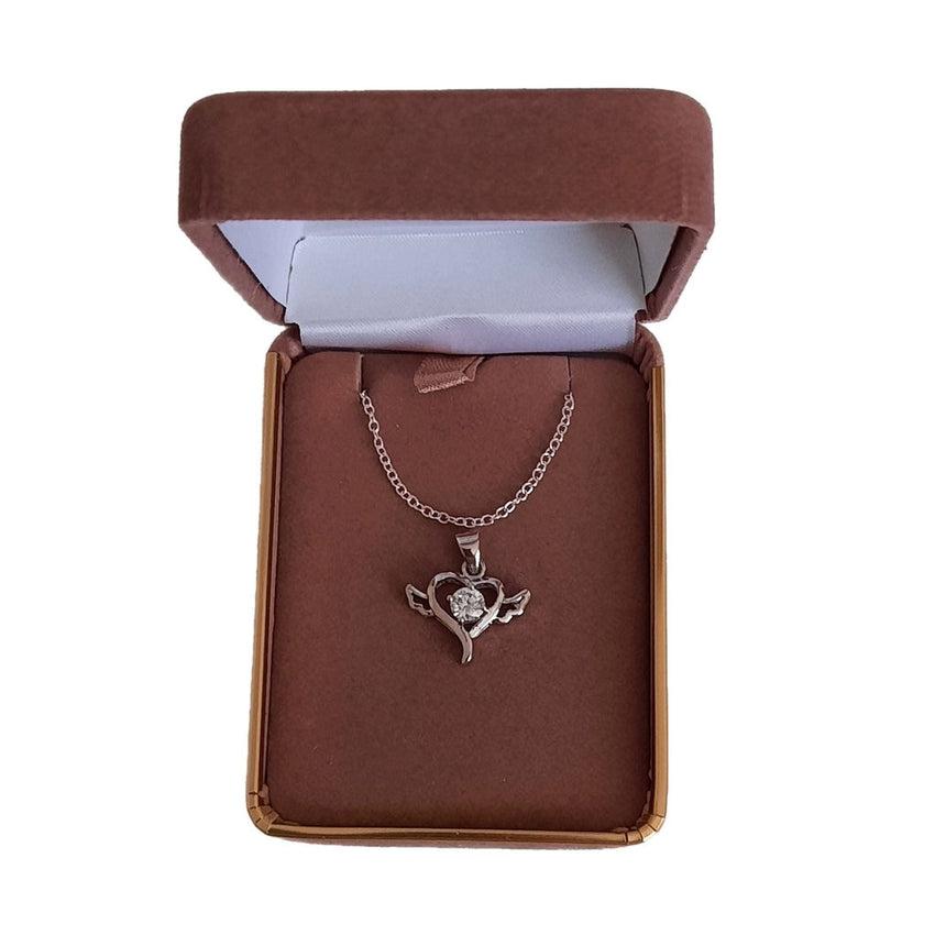Silver Heart With CZ Stone And Angel Wings Pendant