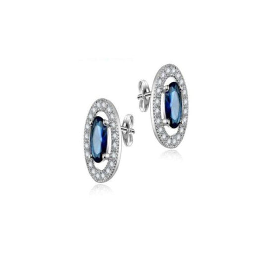 Silver Oval Blue Centre Diamante Earrings
