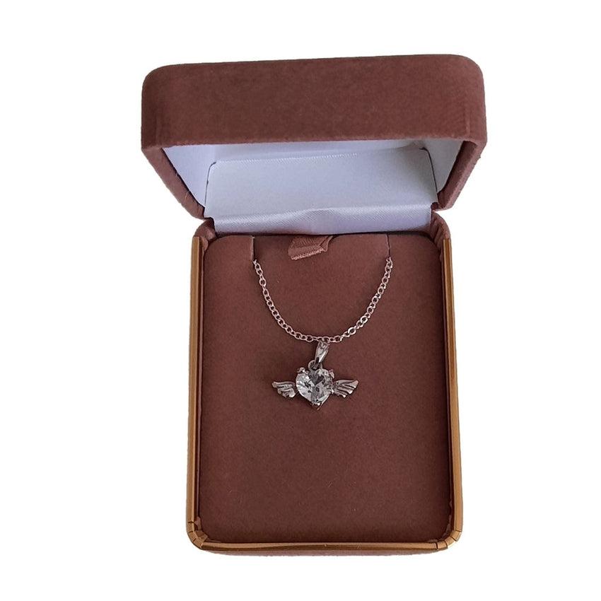 Silver Plated Cubic Zirconia Heart With Angel Wings Pendant