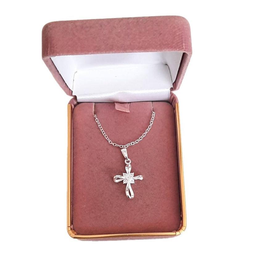 Silver Plated Girls Crystal Centre Fancy Cross on a Sterling Silver Chain