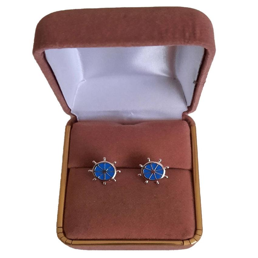 Silver Blue Boat Wheel Stud Earrings