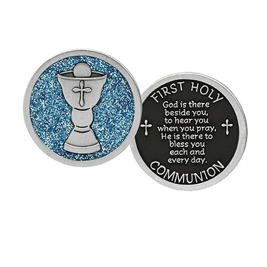 Silver Chalice Communion Pocket Token With a Blue Background