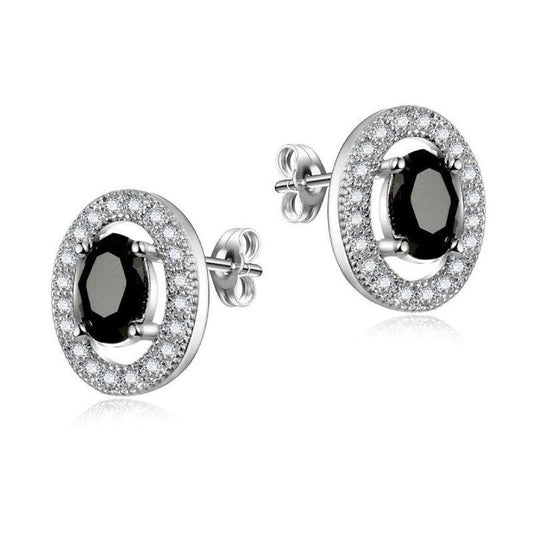 Silver Oval Black Centre Diamante Earrings
