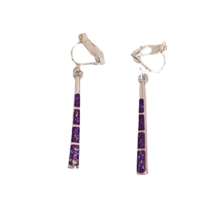 Slim Purple Bar Drop Clip On Earrings