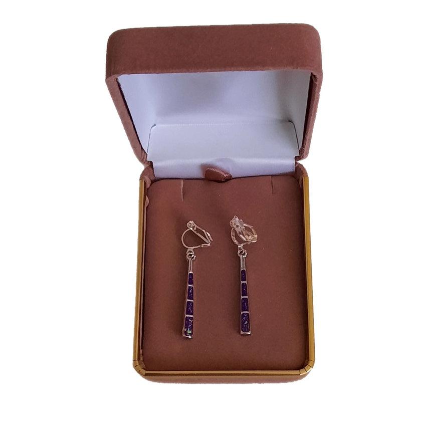 Slim Purple Bar Drop Clip On Earrings