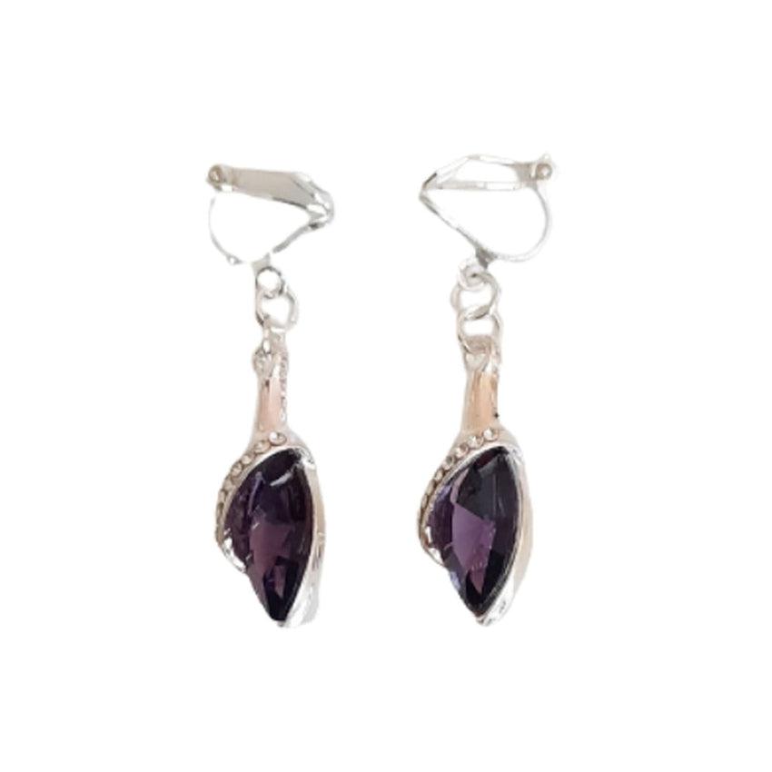 Slim Purple Stone Diamante Clip On Earrings