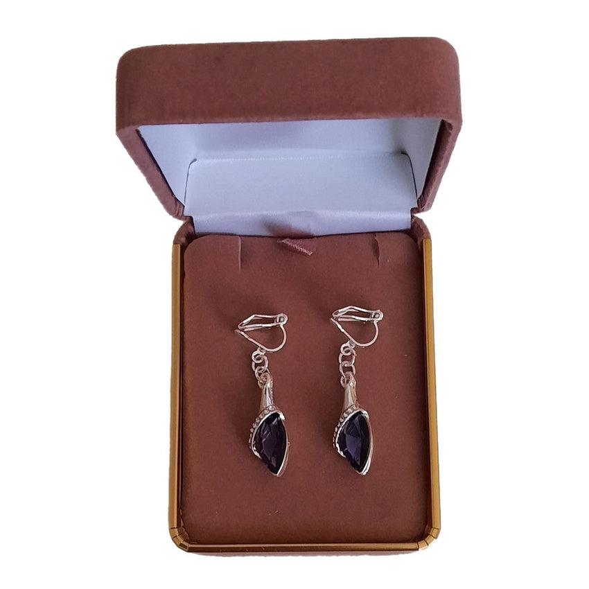 Slim Purple Stone Diamante Clip On Earrings