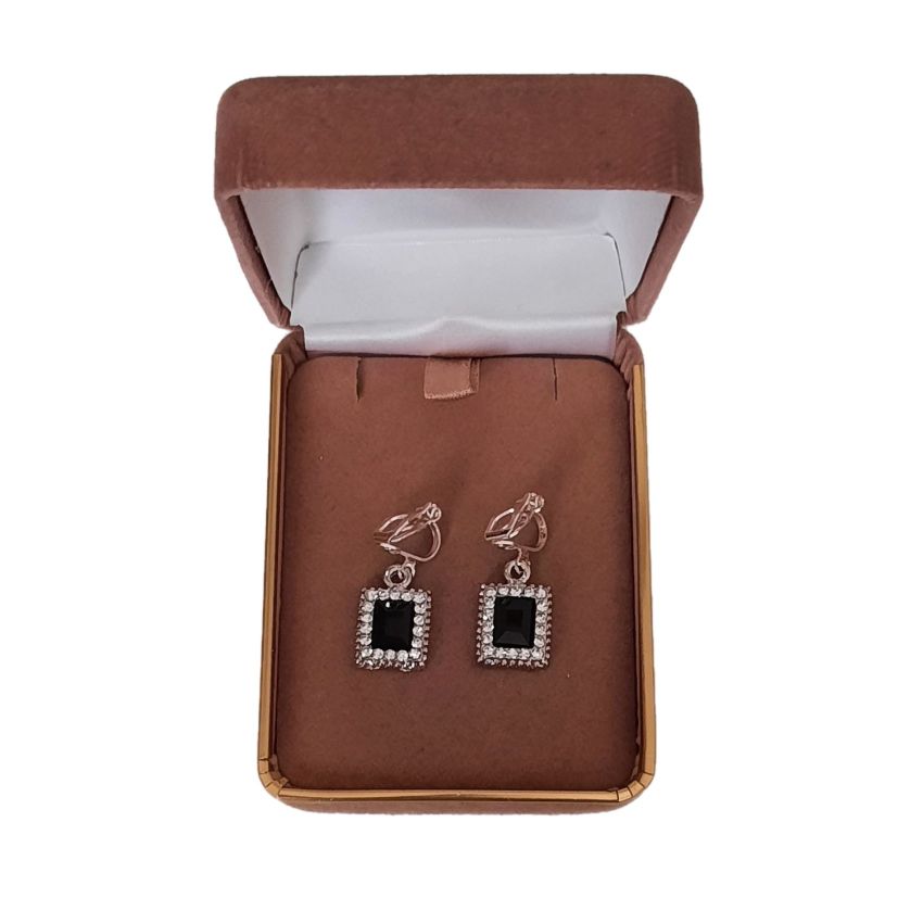 Small Black Rectangle Diamante Clip On Earrings(2)