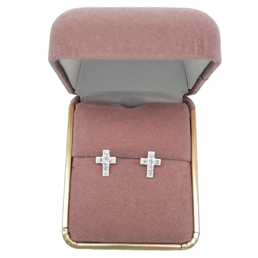 Small Crystal Stone Set Girls White Cross Communion Earrings