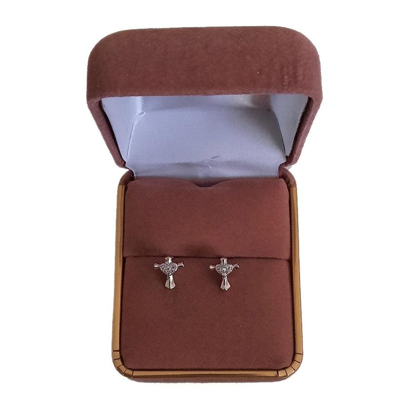 Small Girls Silver Cross Communion Earrings With a Centre Cubic Zirconia Heart Stone
