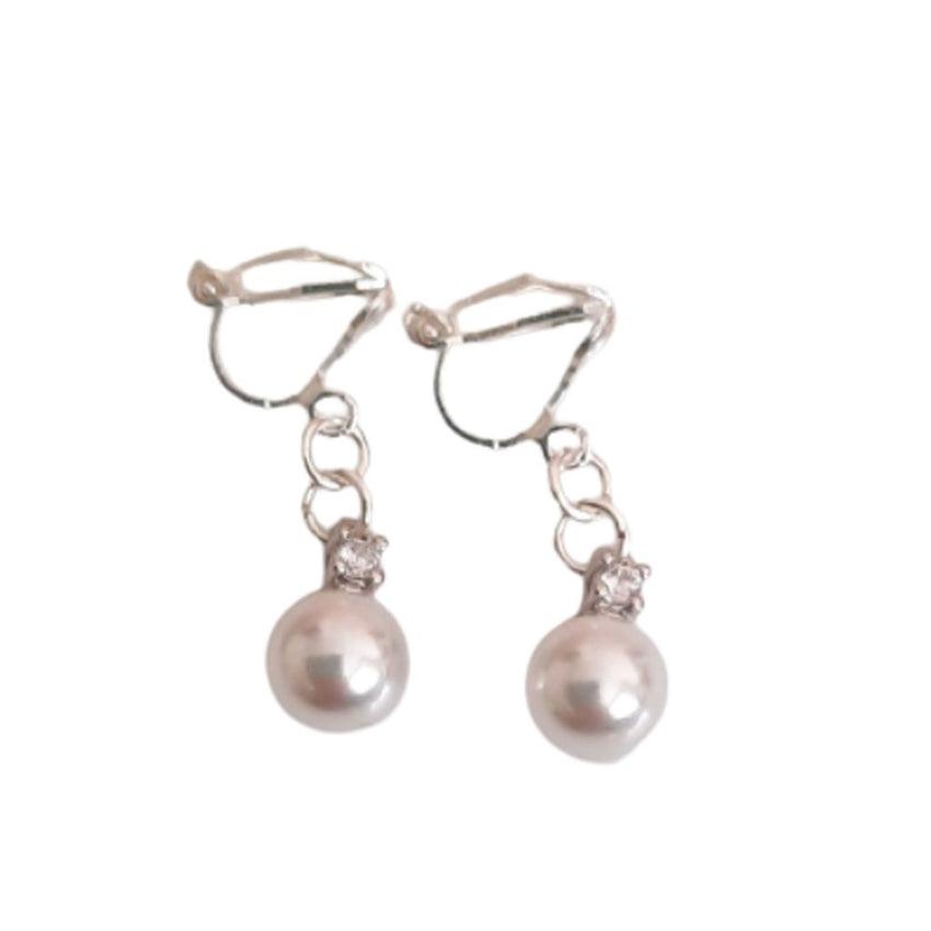 Small Pearl And CZ Drop Clip On Earrings