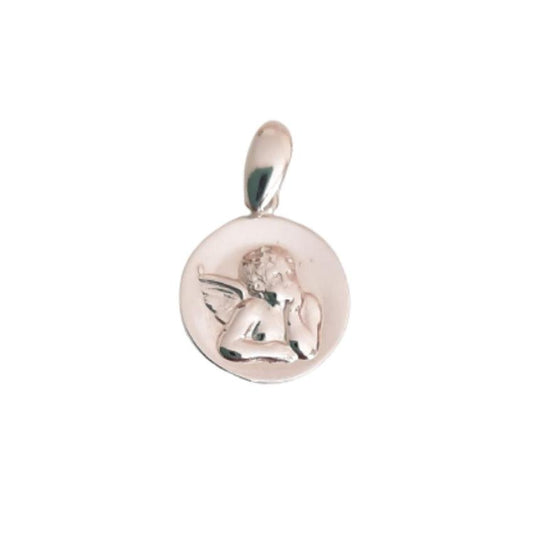 Small Round Polished Sterling Silver Pendant With a Cherub Centre