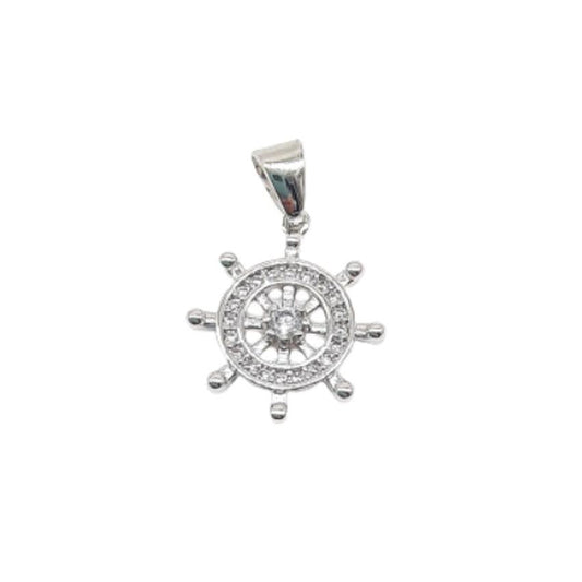 Small Silver And Cubic Zirconia Boat Helm Steering Wheel Pendant