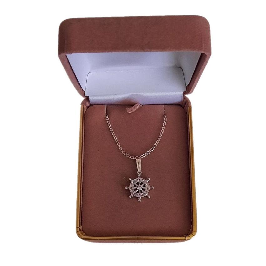 Small Silver And Cubic Zirconia Boat Helm Steering Wheel Pendant