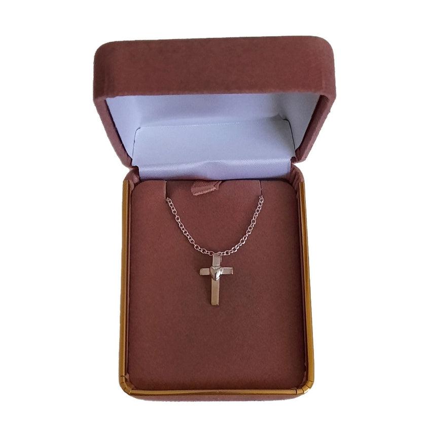 Small Silver Cross With a Heart Centre Girls Pendant