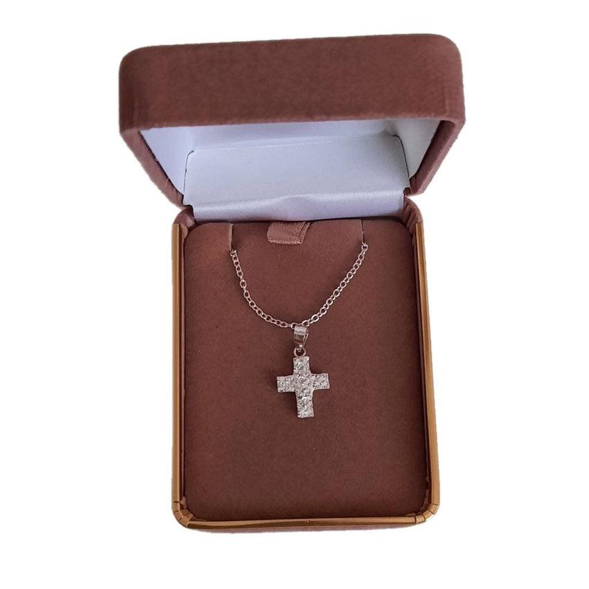 Small Square Crystal Sterling Silver Girls Cross