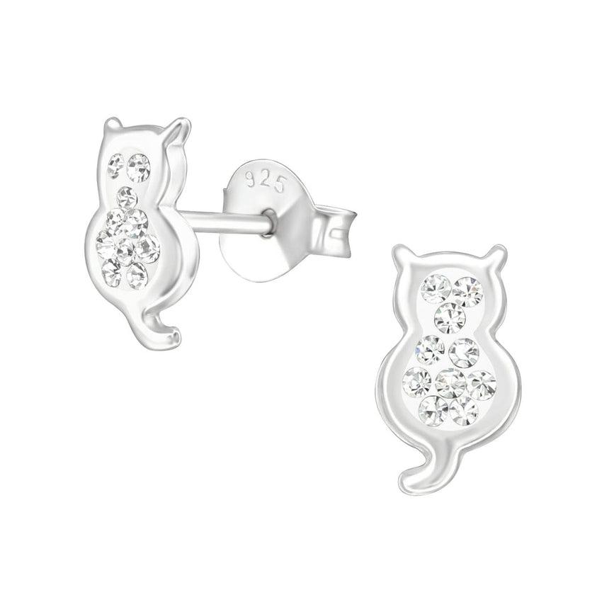 Small Crystal Cat Sterling Silver Earrings
