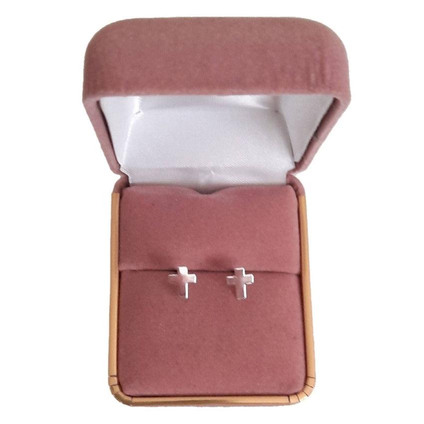 Small Square Sterling Silver Stud Cross Communion Earrings