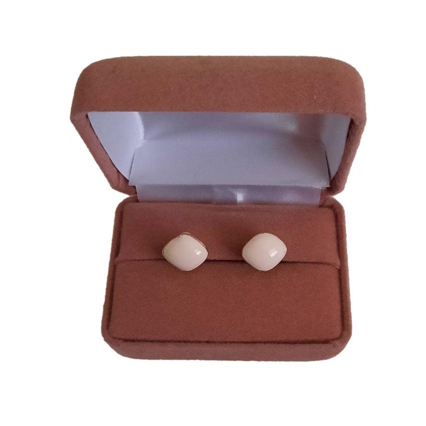 Small White Enamel On Gold Clip On Earrings