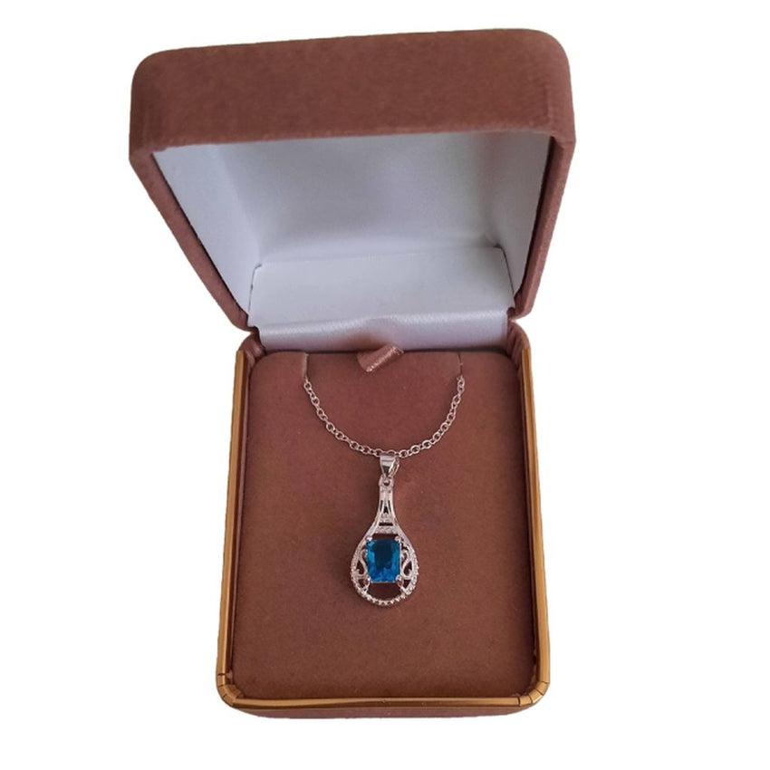 Square Aqua Blue Stone Pendant In A Silver Filigree Setting