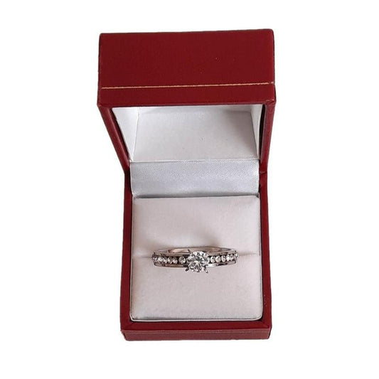 Stainless Steel Solitaire Centre Stone Ring With Embedded Full Band