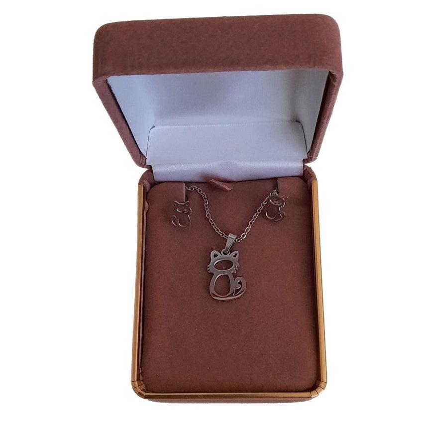 Stainless Steel Cat Earrings And Necklace Set