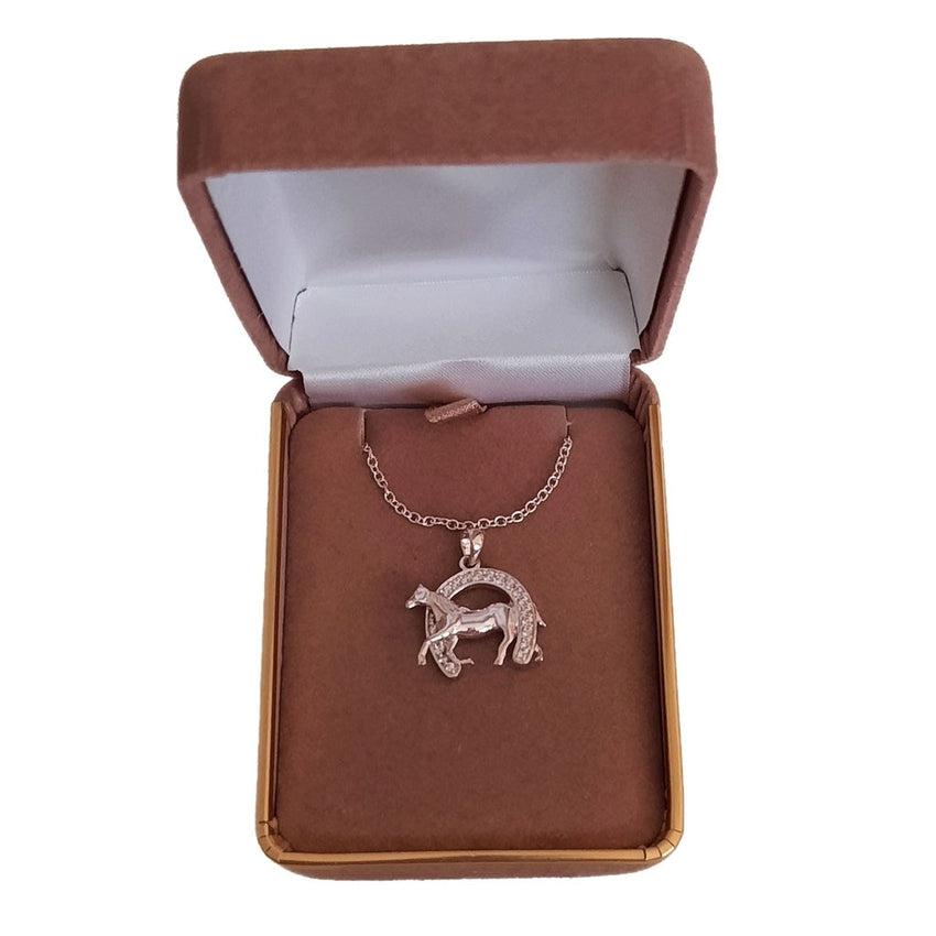 Standing Horse In A Cubic Zirconia Horseshoe Necklace