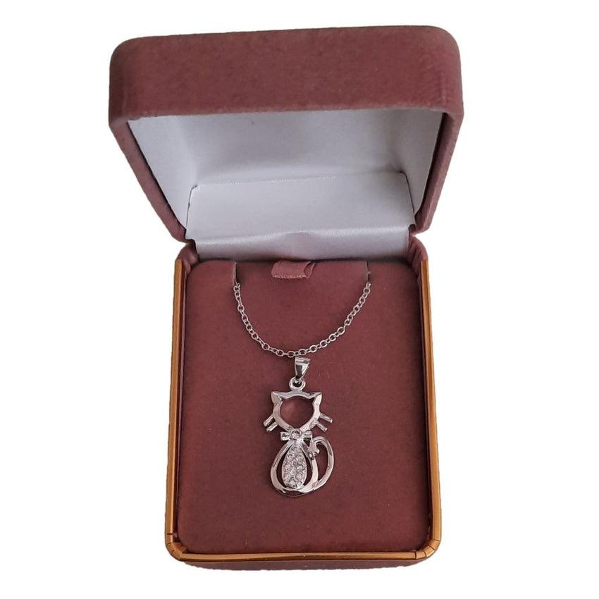 Sterling Silver Cat Pendant With a Cubic Zirconia Set Middle
