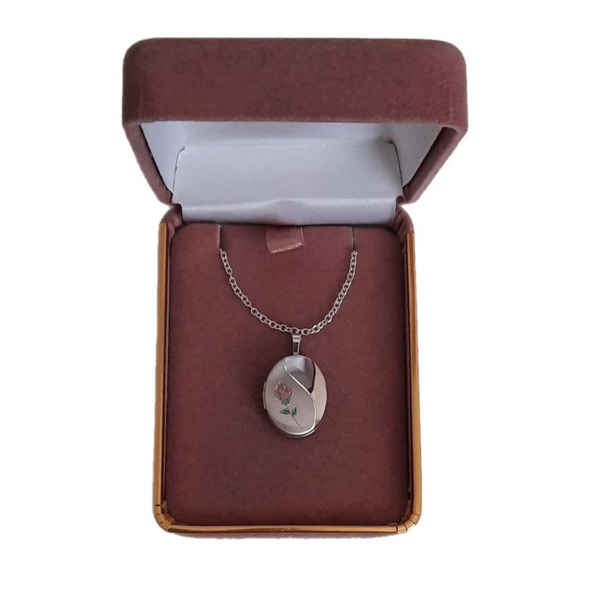 Sterling Silver Child Size Locket With a Pink Enamel Rose