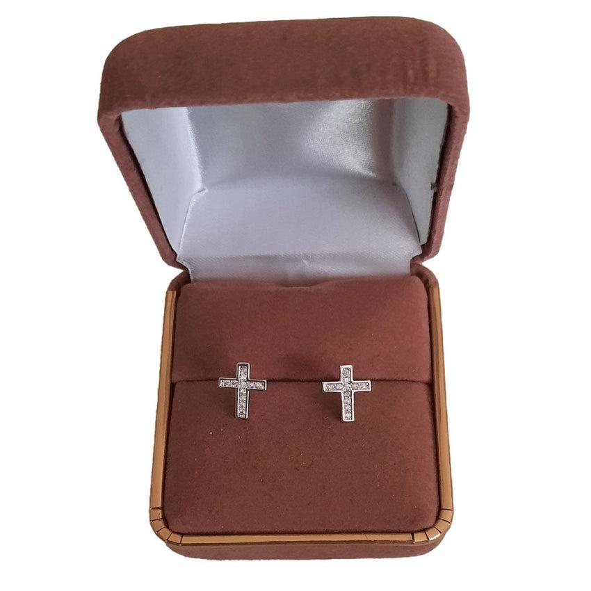 Sterling Silver Framed Cubic Zirconia Centre Cross Communion Earrings